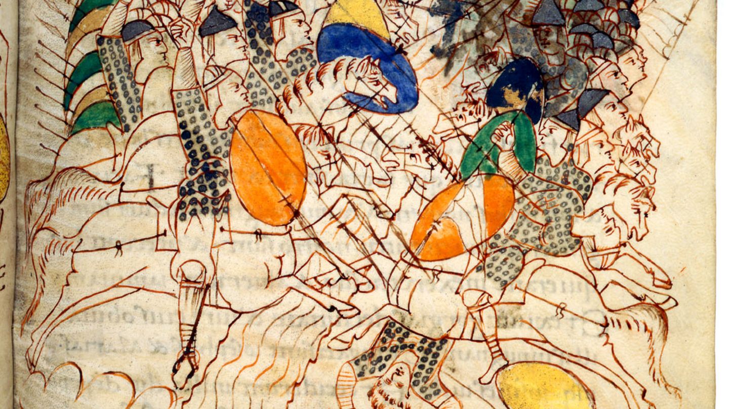 Gepanzerte Reiter wie zur Zeit Karls des Großen im Leidener Makkabäer-Codex aus dem frühen 10. Jahrhundert