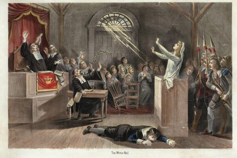 Magie und Aberglaube: Hexen. Hexenprozesse von Salem (Massachusetts, Nordamerika), 1692 (Hexenwahn unter den puritanischen Siedlern der Neu-England Kolonie, 25 Hinrichtungen), Kreidelithographie, 1892, von Joseph E. Baker (?), spätere Kolorierung.