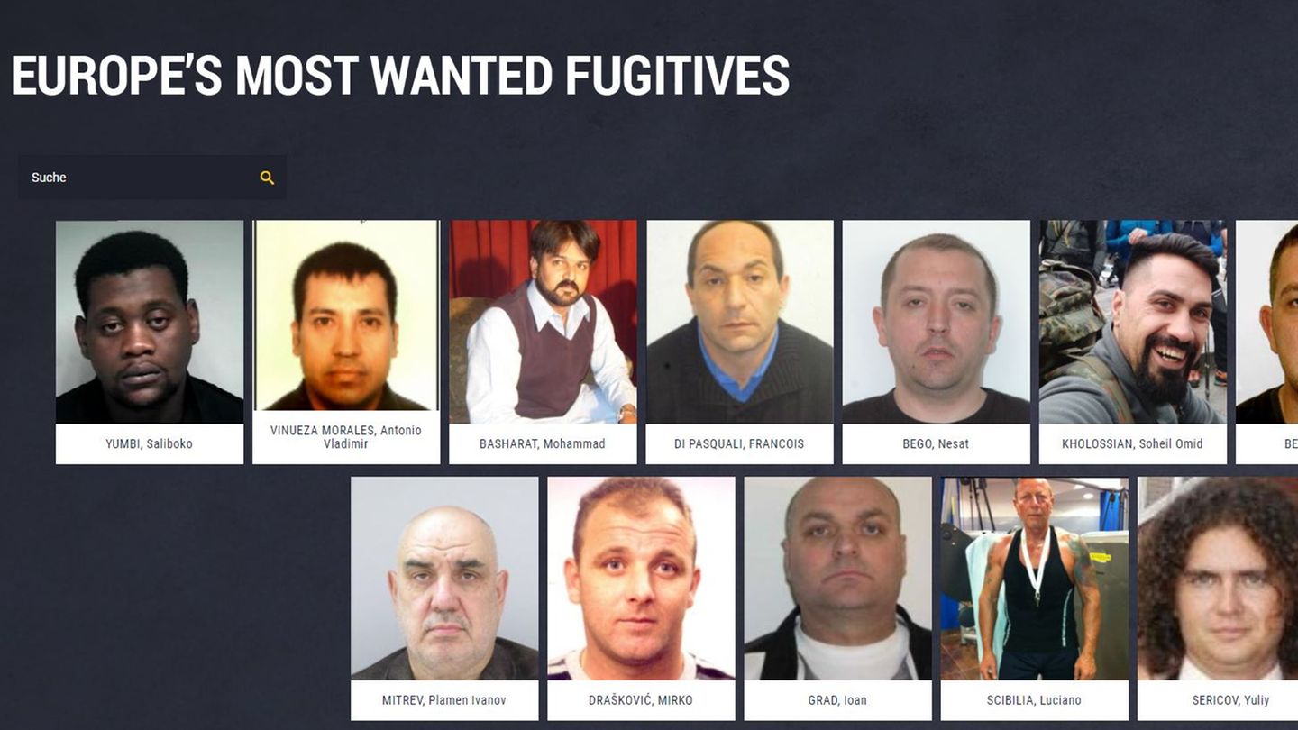 Der Screenshot der Webseite von Europol, "eumostwanted.eu", zeigt 13 von 19 der gefährlichsten Sexualstraftäter Europas.
