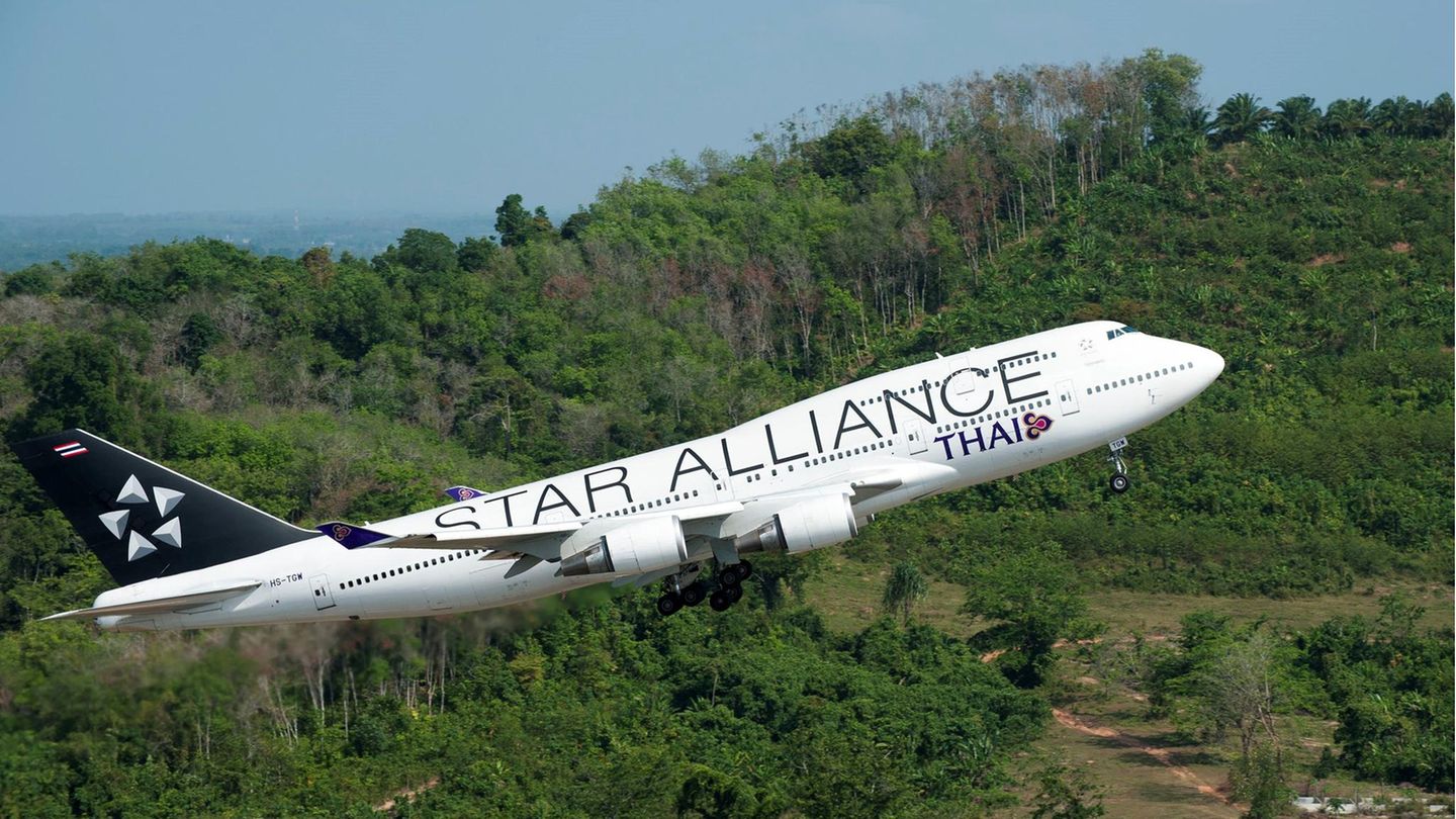Thai Airways gehört zu den fünf Gründungsmitgliedern der Star Alliance, wie diese Sonderbemalung einer Boeing 747-400 zeigt. Das Luftfahrtbündnis entstand 1993 zusammen mit Lufthansa, United, Air Canada und der SAS.