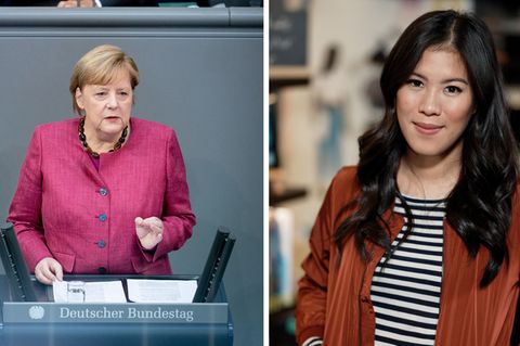 Angela Merkel (l.) bei ihrer Regierungserklärung im Bundestag und Wissenschaftsjournalistin Mai Thi Nguyen-Kim