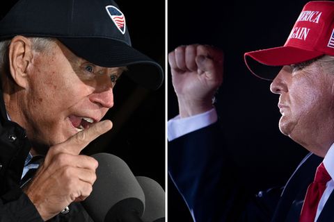 Joe Biden (l.) und Donald Trump reden bei Wahlkampfauftritten zu ihren Anhängern