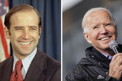 Links lächelt Joe Biden 1972 als junger Senator von Delaware, rechts spricht der weißhaarige Biden 2020 in ein Mikro