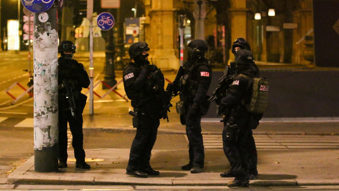Schwerbewaffnete Polizisten sind in der Wiener Innenstadt im Einsatz