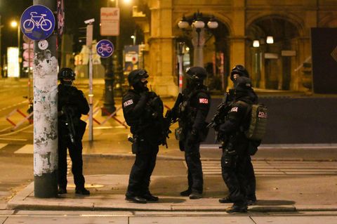 Schwerbewaffnete Polizisten sind in der Wiener Innenstadt im Einsatz