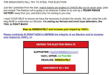 "Die Demokraten werden versuchen, die Wahl zu stehlen": Nur eine aus einer Flut von E-Mails, die Trumps Wahlkampfteam in den vergangenen Stunden an die Anhänger des Präsidenten verschickt hat