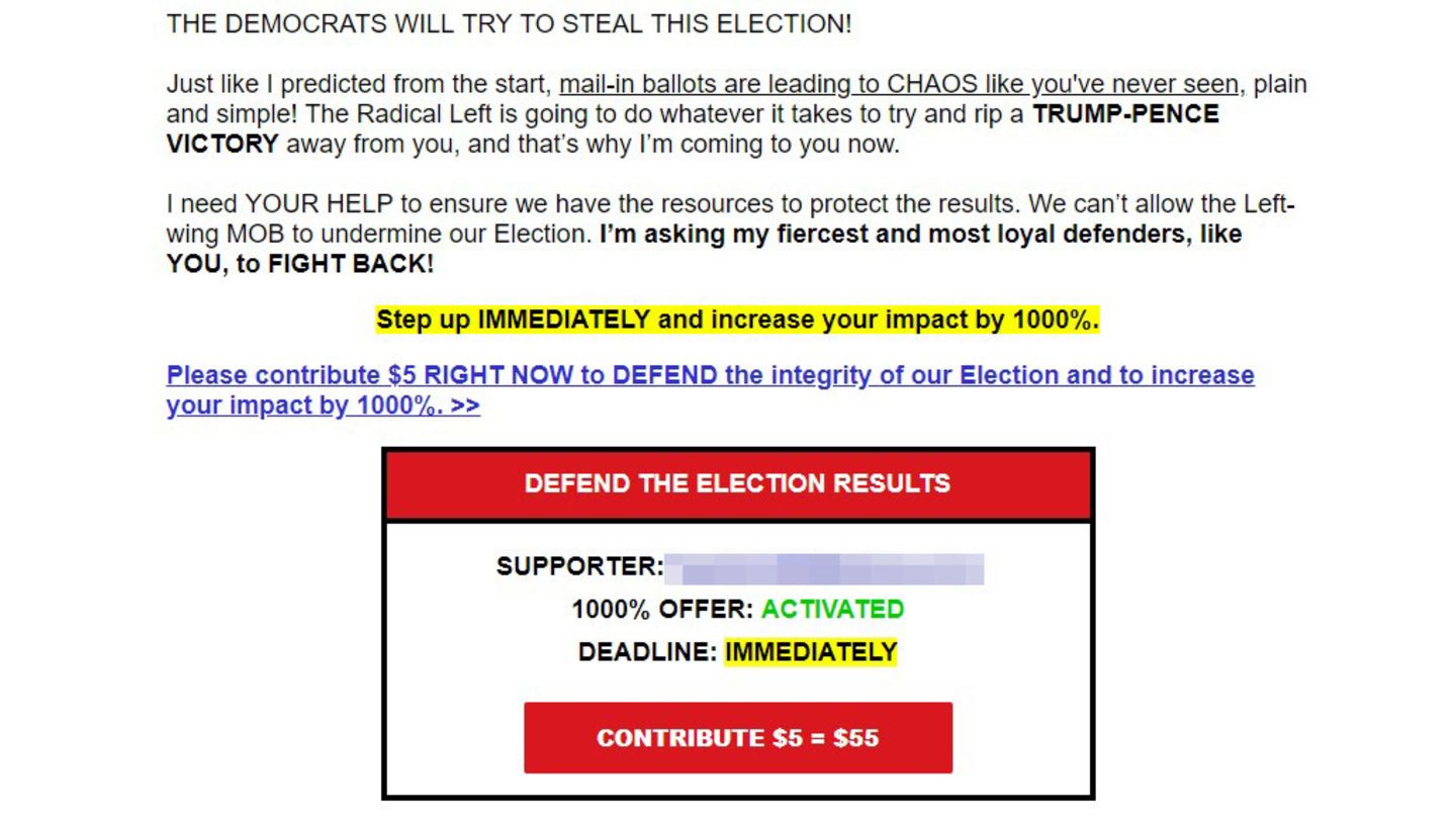 "Die Demokraten werden versuchen, die Wahl zu stehlen": Nur eine aus einer Flut von E-Mails, die Trumps Wahlkampfteam in den vergangenen Stunden an die Anhänger des Präsidenten verschickt hat