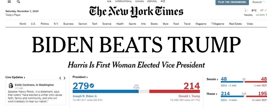 "Biden Beats Trump", Biden schlägt Trump – so ist es bei der "New York Times" zu lesen "Biden Beats Trump", Biden schlägt Trump – so ist es bei der "New York Times" zu lesen