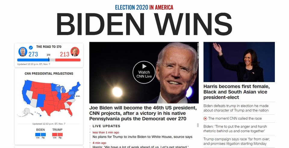 "Biden Wins", Biden gewinnt, meldet der US-Sender CNN "Biden Wins", Biden gewinnt, meldet der US-Sender CNN