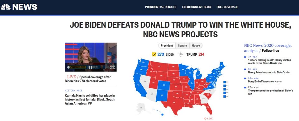 "Joe Biden besiegt Donald Trump und gewinnt das Weiße Haus", meldet der US-Sender NBC News "Joe Biden besiegt Donald Trump und gewinnt das Weiße Haus", meldet der US-Sender NBC News