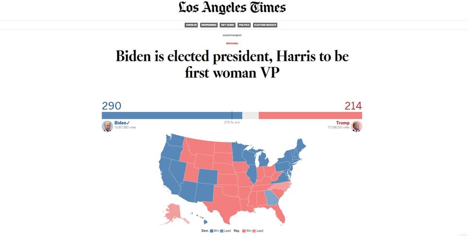 "Biden ist der designierte Präsident, Harris die erste Vizepräsidentin", lautet die Schlagzeile bei der "Los Angeles Times" "Biden ist der designierte Präsident, Harris die erste Vizepräsidentin", lautet die Schlagzeile bei der "Los Angeles Times"