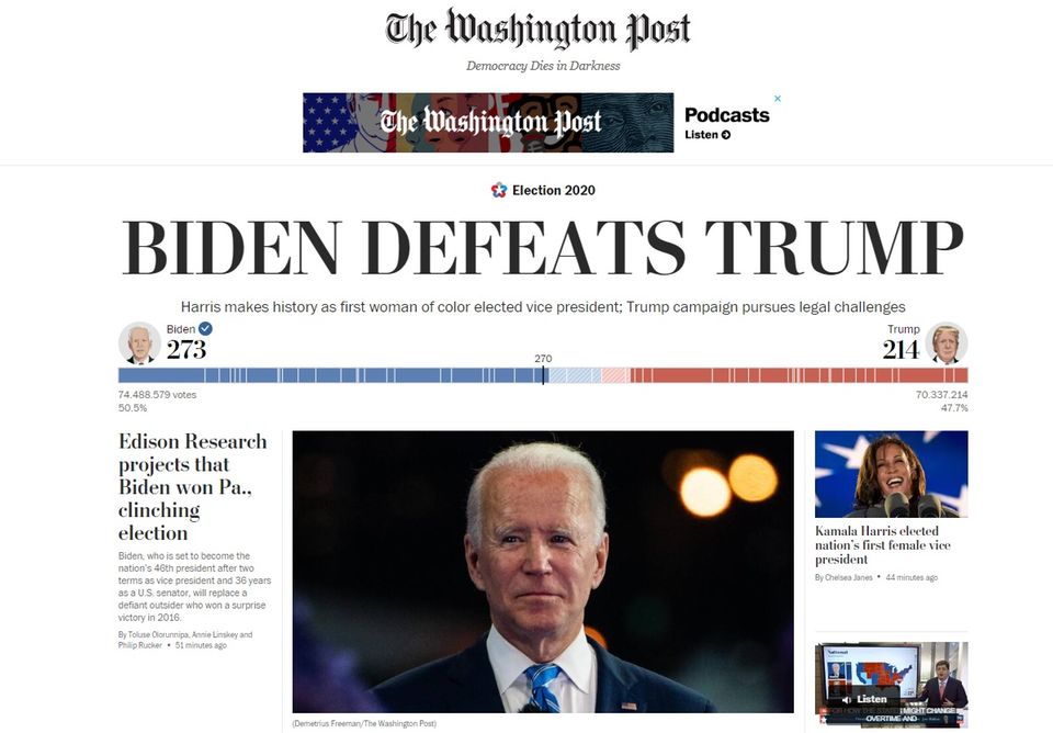"Biden defeats Trump", Biden besiegt Trump – die "Washington Post" hält sich kurz "Biden defeats Trump", Biden besiegt Trump – die "Washington Post" hält sich kurz