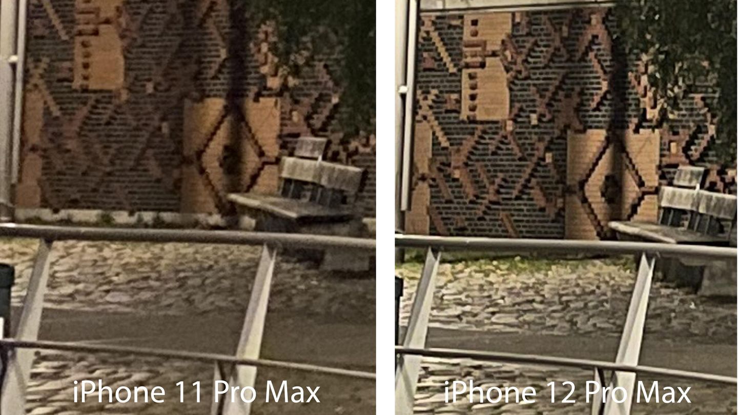Wie groß die Unterschiede zweier iPhone-Generation innerhalb eines einzigen Jahres sind, zeigt dieses Bild. Links ein Bildausschnitt (750-prozentige Vergrößerung) auf dem iPhone 11 Pro Max, rechts auf der 12er Generation.