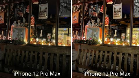 Die Bandbreite ist groß. Links ein Foto des iPhone 12 Pro Max mit deaktiviertem Nachtmodus, rechts mit drei Sekunden Belichtung.