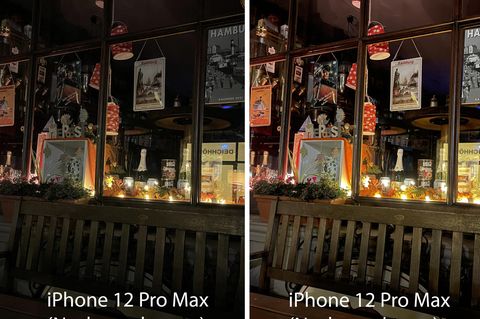 Die Bandbreite ist groß. Links ein Foto des iPhone 12 Pro Max mit deaktiviertem Nachtmodus, rechts mit drei Sekunden Belichtung.