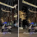 Ein Motorrad parkt einsam auf einer mäßig beleuchteten Straße. Auch hier ist ein Unterschied zwischen iPhone 12 Pro und dem großen Max-Modell mit bloßem Auge kaum sichtbar.
