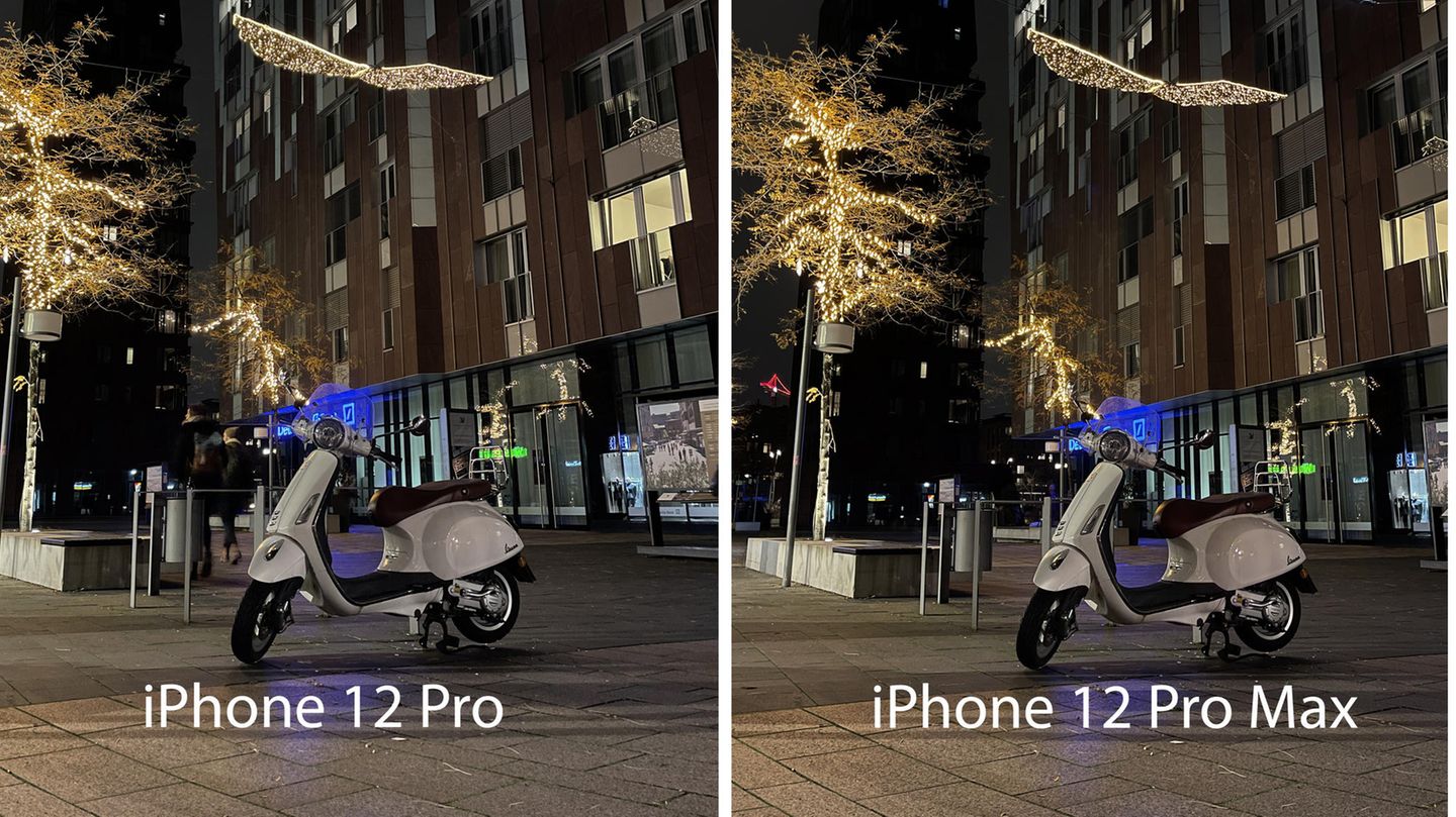 Ein Motorrad parkt einsam auf einer mäßig beleuchteten Straße. Auch hier ist ein Unterschied zwischen iPhone 12 Pro und dem großen Max-Modell mit bloßem Auge kaum sichtbar.