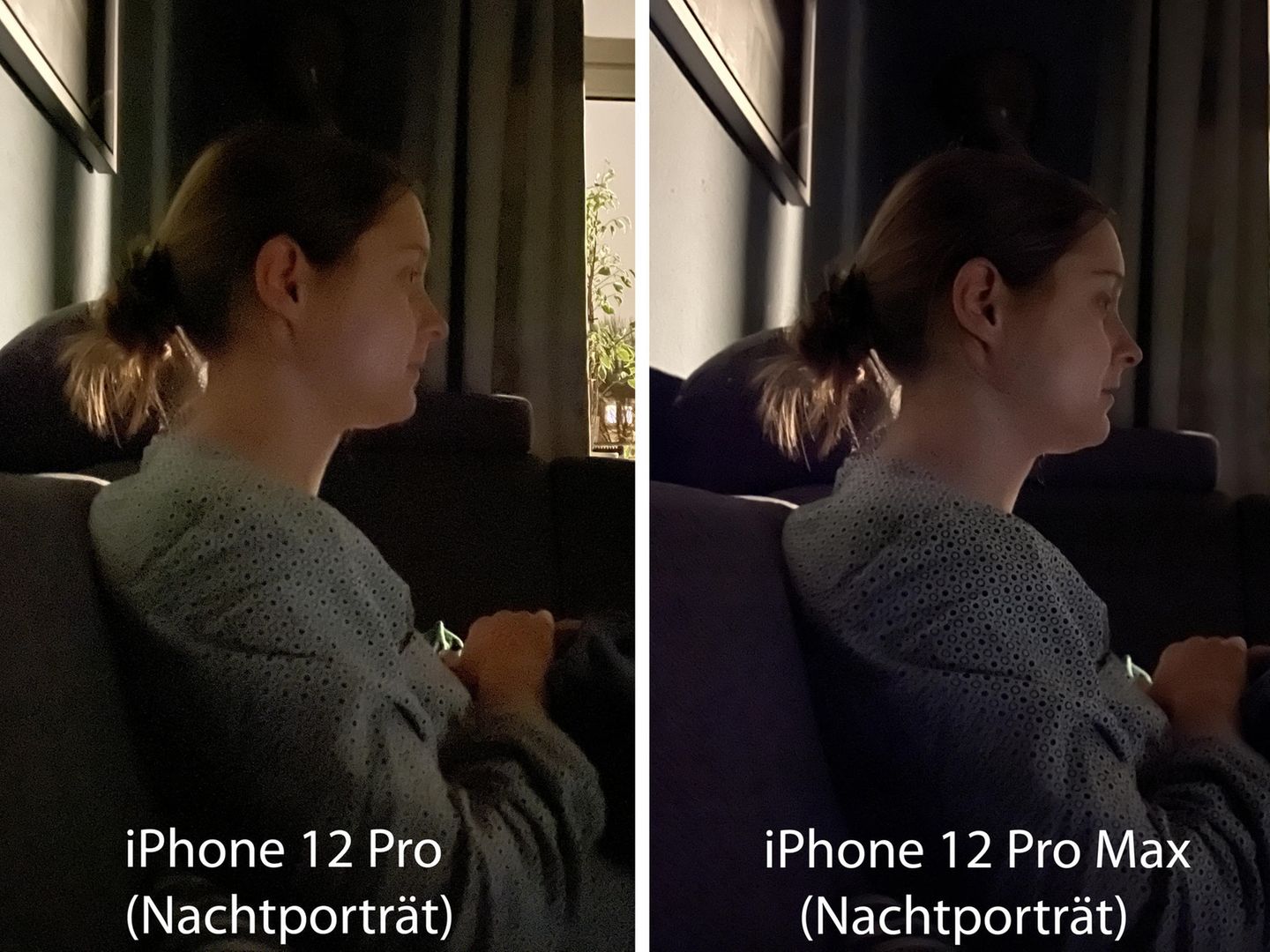 Bei Nachtporträts in stockdunkler Umgebung sind die Unterschiede am besten erkennbar. Während die Bluse beim iPhone 12 Pro flau und detailarm wirkt, erkennt man beim 12 Pro Max detailliert das Muster.