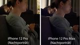 Bei Nachtporträts in stockdunkler Umgebung sind die Unterschiede am besten erkennbar. Während die Bluse beim iPhone 12 Pro flau und detailarm wirkt, erkennt man beim 12 Pro Max detailliert das Muster.