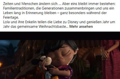 Ein Screenshot des Disney Posts zeigt Text und ein Bild des Werbespots.