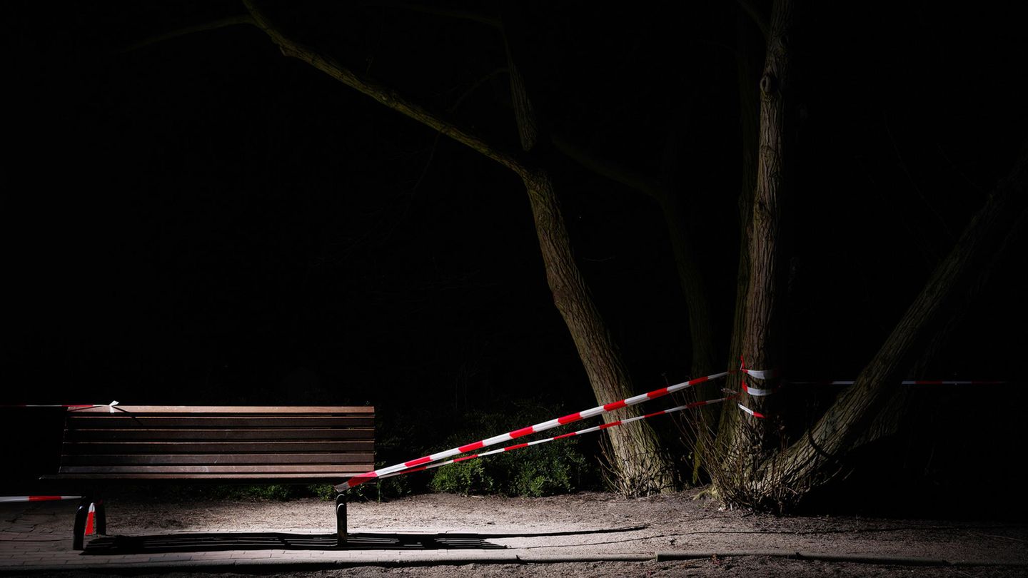Fotografie: Flatterband zwischen Parkbank und Baum