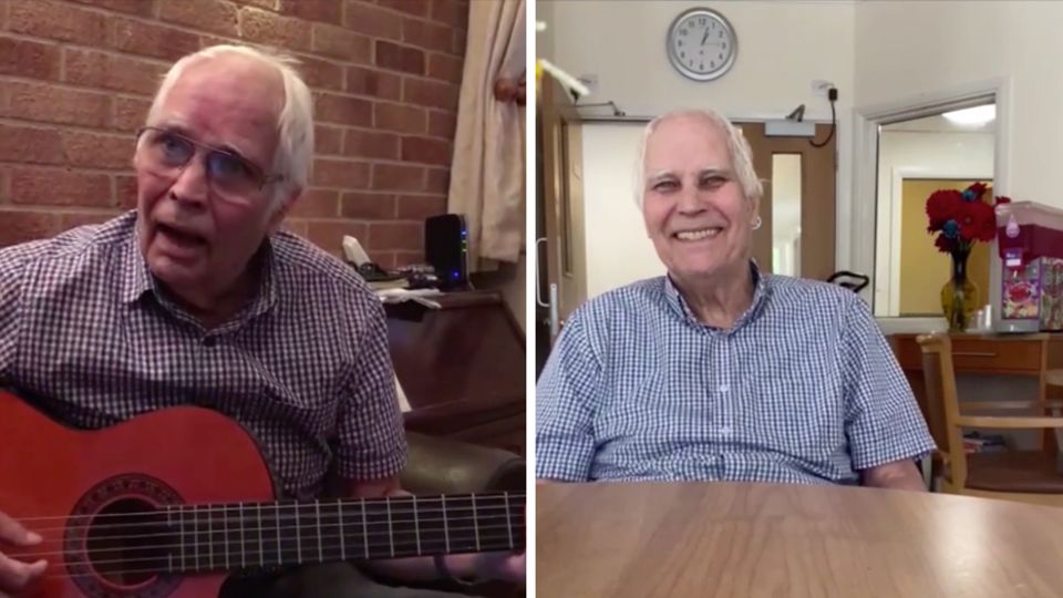 Brite im Pflegeheim Links spielt ein alter Mann mit Halbglatze Gitarre, rechts sitzt er an einem Tisch und lacht