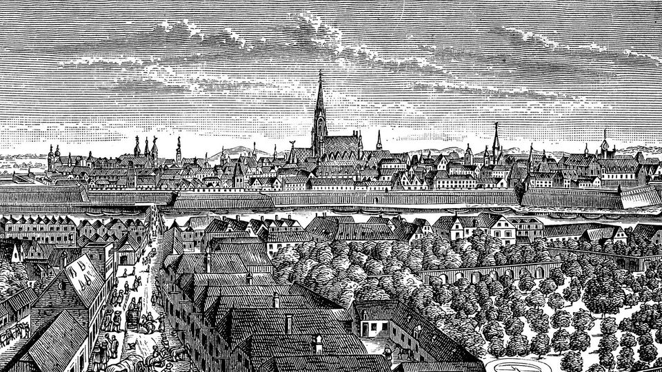 Schwarz-weiß Illustration der Stadt Wien