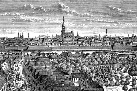 Schwarz-weiß Illustration der Stadt Wien