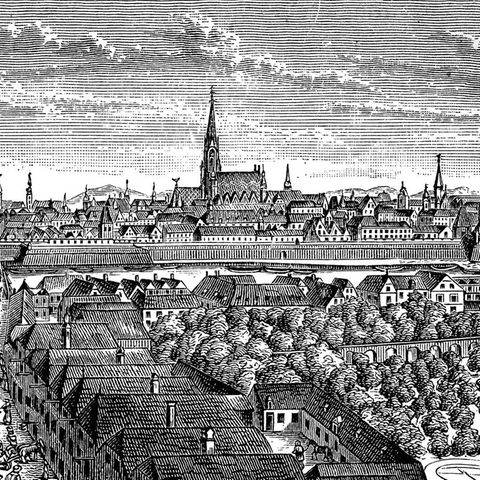 Schwarz-weiß Illustration der Stadt Wien