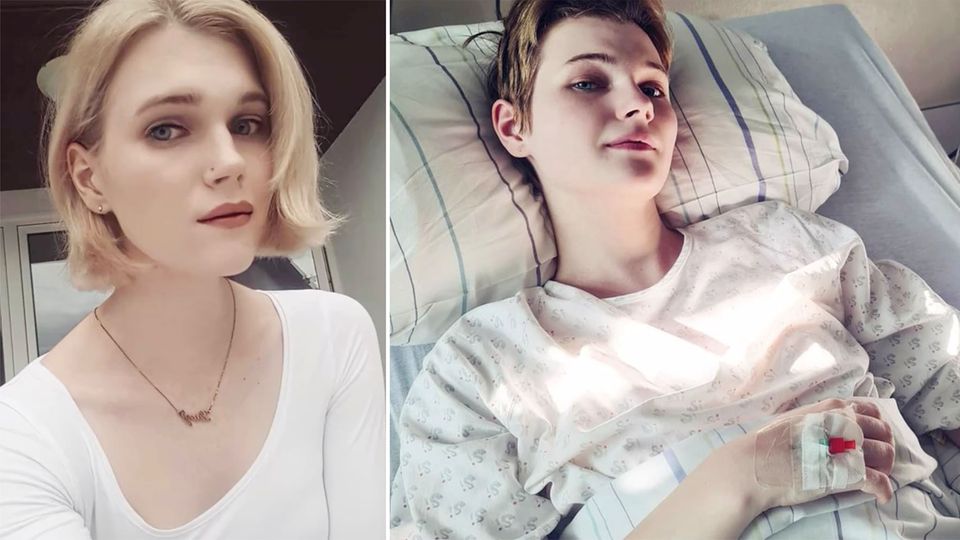 Lucy Hellenbrecht Links ist GNTM-Model Lucy Hellenbrecht in weißem Top und mit schulterlangen Haaren zu sehen. Rechts liegt sie im Krankenbett