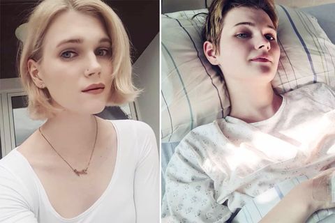 Links ist GNTM-Model Lucy Hellenbrecht in weißem Top und mit schulterlangen Haaren zu sehen. Rechts liegt sie im Krankenbett