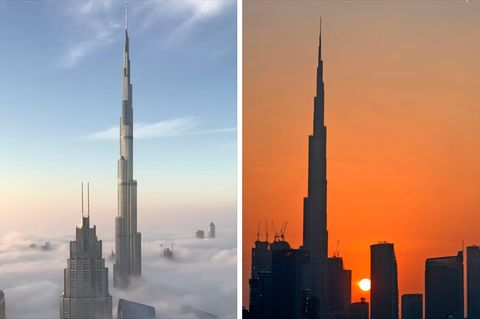 Links ist die Spitze des Burj Khalifa über den Wolken zu sehen, rechts die Kontur vor einem Sonnenuntergang