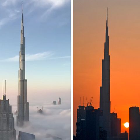 Links ist die Spitze des Burj Khalifa über den Wolken zu sehen, rechts die Kontur vor einem Sonnenuntergang