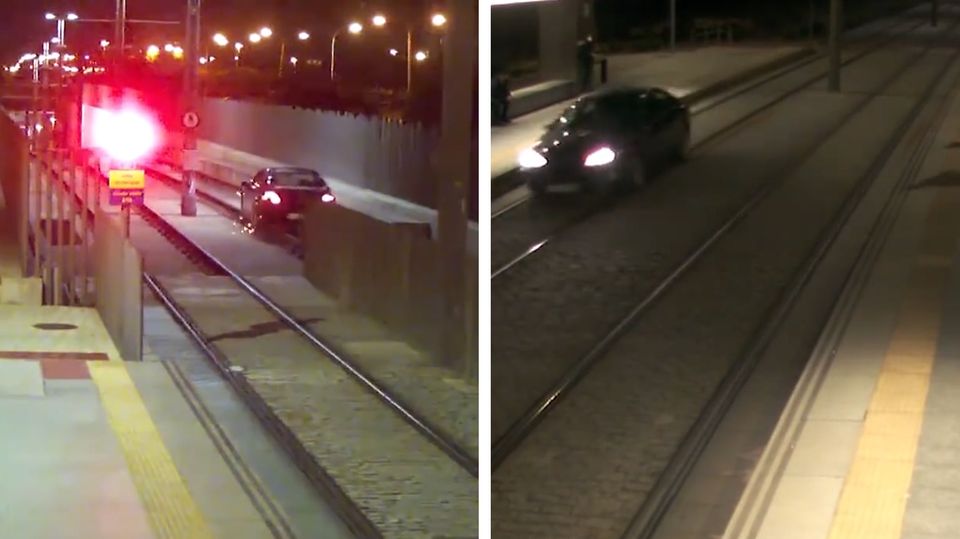 Video Betrunkene fährt auf Gleise und ihn Bahnhof