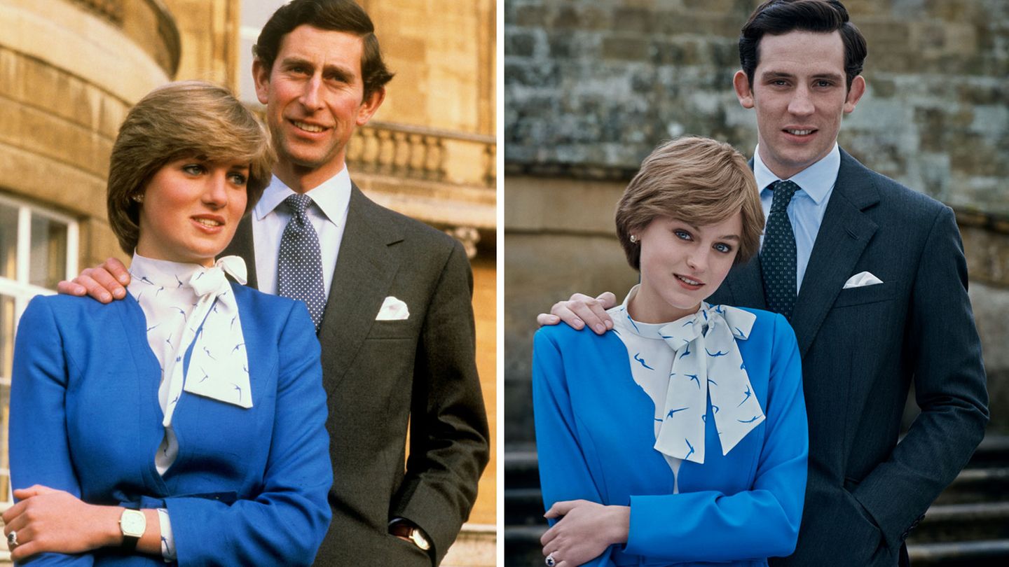 Original und Filmszene: links Charles und Diana 1981 kurz nach der Bekanntgabe ihrer Verlobung. Rechts die Schauspieler Josh O'Connor und Emma Corrin in "The Crown".
