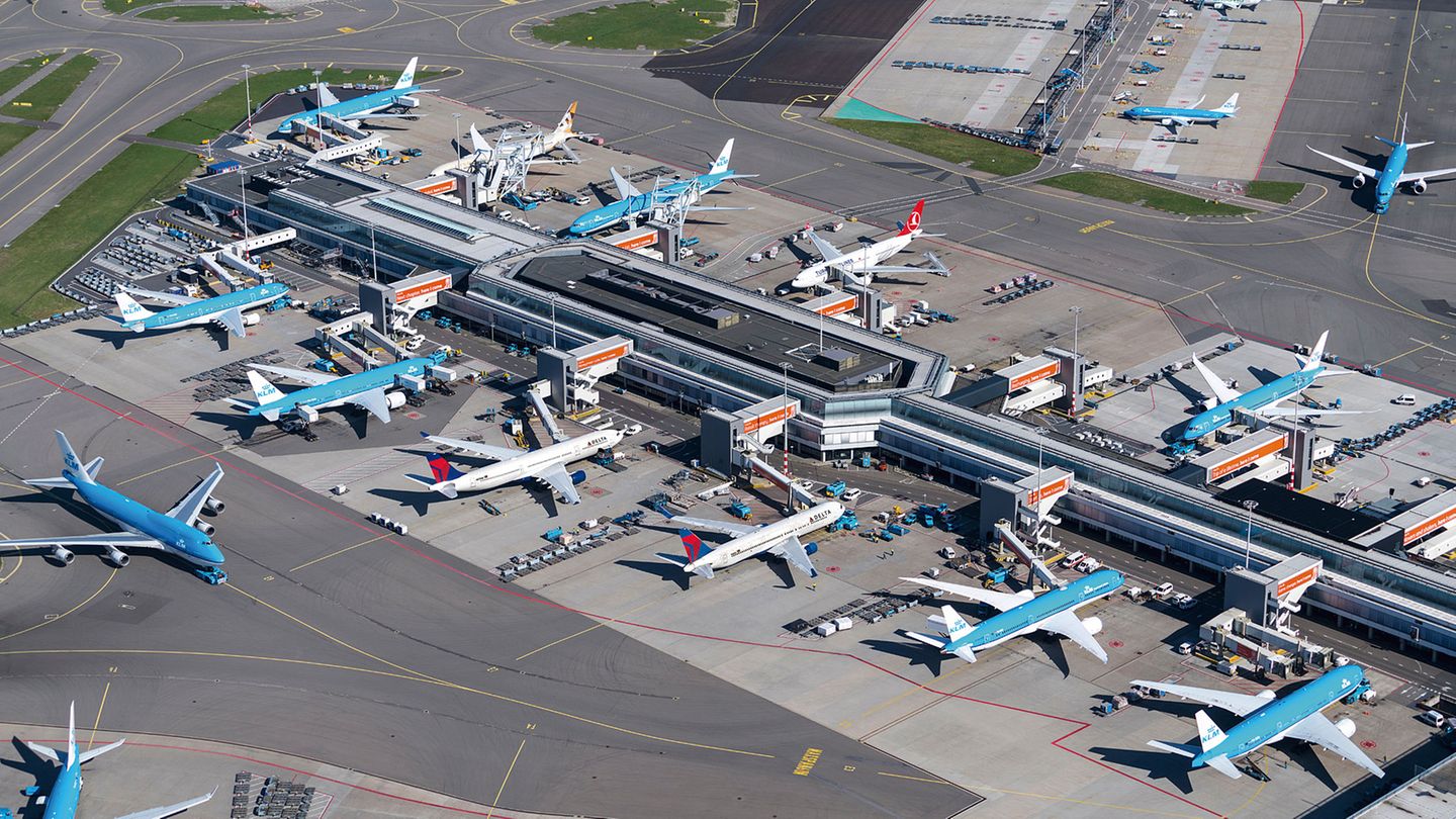 Luftbildfotografie: Niederlande: Amsterdam Schiphol (AMS) Unübersehbar das Hellblau der KLM-Flugzeuge: Sowohl die niederländische Airline wie auch der Flughafen sind mehr als 100 Jahre alt. Bereits 1935 gab es hier vier asphaltierte Pisten. Heute sind es inzwischen sechs Start- und Landebahnen. Niederlande: Amsterdam Schiphol (AMS) Unübersehbar das Hellblau der KLM-Flugzeuge: Sowohl die niederländische Airline wie auch der Flughafen sind mehr als 100 Jahre alt. Bereits 1935 gab es hier vier asphaltierte Pisten. Heute sind es inzwischen sechs Start- und Landebahnen.