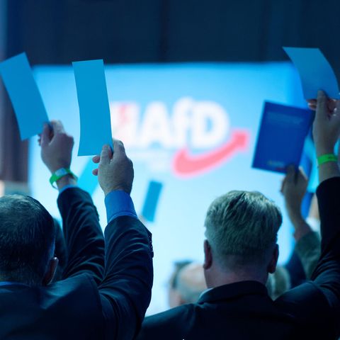 Delegierte der AfD stimmen mit Zetteln in der Hand ab