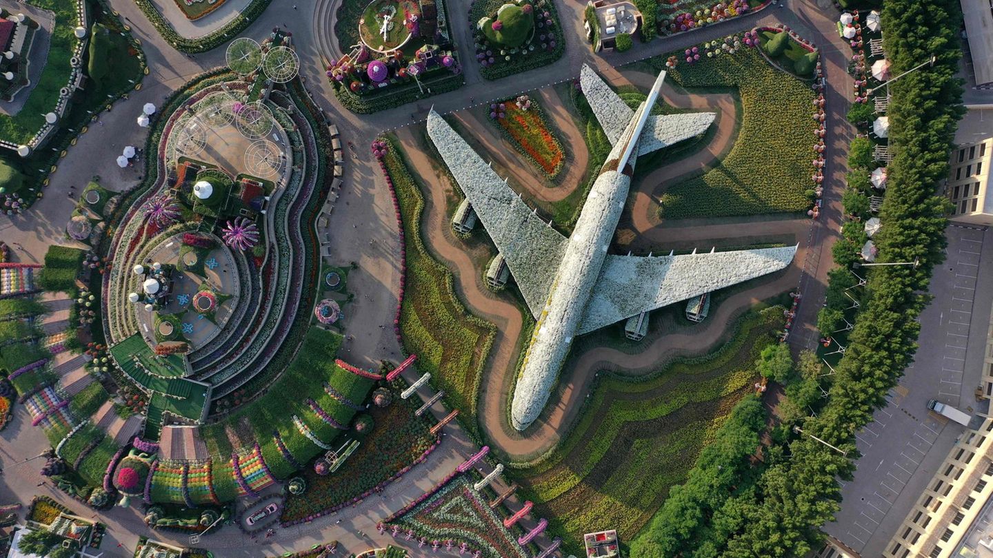 Bild 1 von 12 der Fotostrecke zum Klicken:  Blick aus der Drohnen-Perspektive auf den Blickfang im Dubai Miracle Garden: der von blühenden Blumen überwucherte Airbus A380.