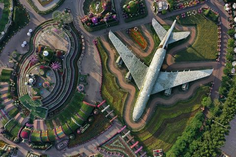 Bild 1 von 12 der Fotostrecke zum Klicken:  Blick aus der Drohnen-Perspektive auf den Blickfang im Dubai Miracle Garden: der von blühenden Blumen überwucherte Airbus A380.