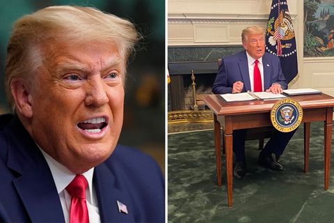 Donald Trump sitzt an einem kleinen Tisch
