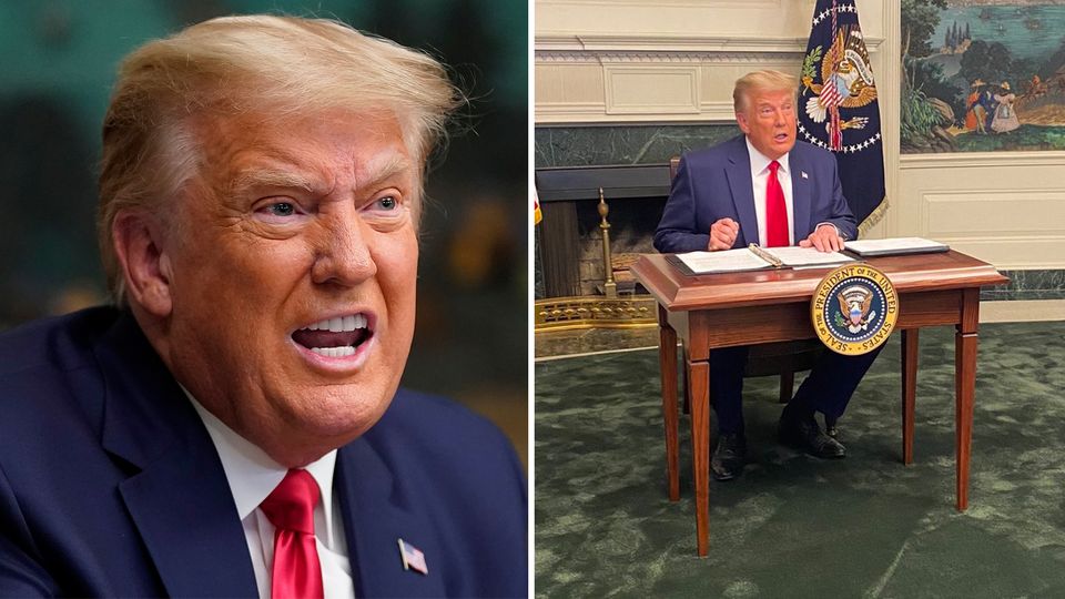 Donald Trump sitzt an einem kleinen Tisch Donald Trump sitzt an einem kleinen Tisch