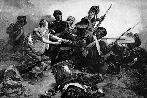 Befreiungskriege 1813/15. Kampf um Lüneburg am 2. April 1813.  Johanna Stegen, die Heldin von Lüneburg (Johanna Stegen, 1793 bis 1842, entscheidet den Kampf, indem sie den Preußen Munition zuträgt). Gemälde, 1887, von Ludwig Herterich (1856-1932). Öl / Lw., 29 × 37 cm. Privatsammlung , 2002.
