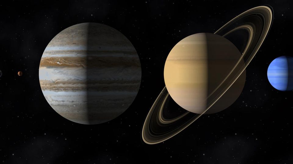 Eine Computergrafik, die dei Planeten Jupiter und Saturn zeigt