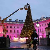 Bild 1 von 20 der Fotostrecke zum Klicken:  An die Baumspitze letzte Hand anlegen  Mit einem speziellen Kran wird der Weihnachtsbaum im Innenhof des Somerset House in London dekoriert.