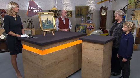 "Bares für Rares"-Expertin Bianca Berding, Moderator Horst Lichter und Enkel und Oma Jan Bedenbecker und Anna Legner mit ihrem Gemälde.