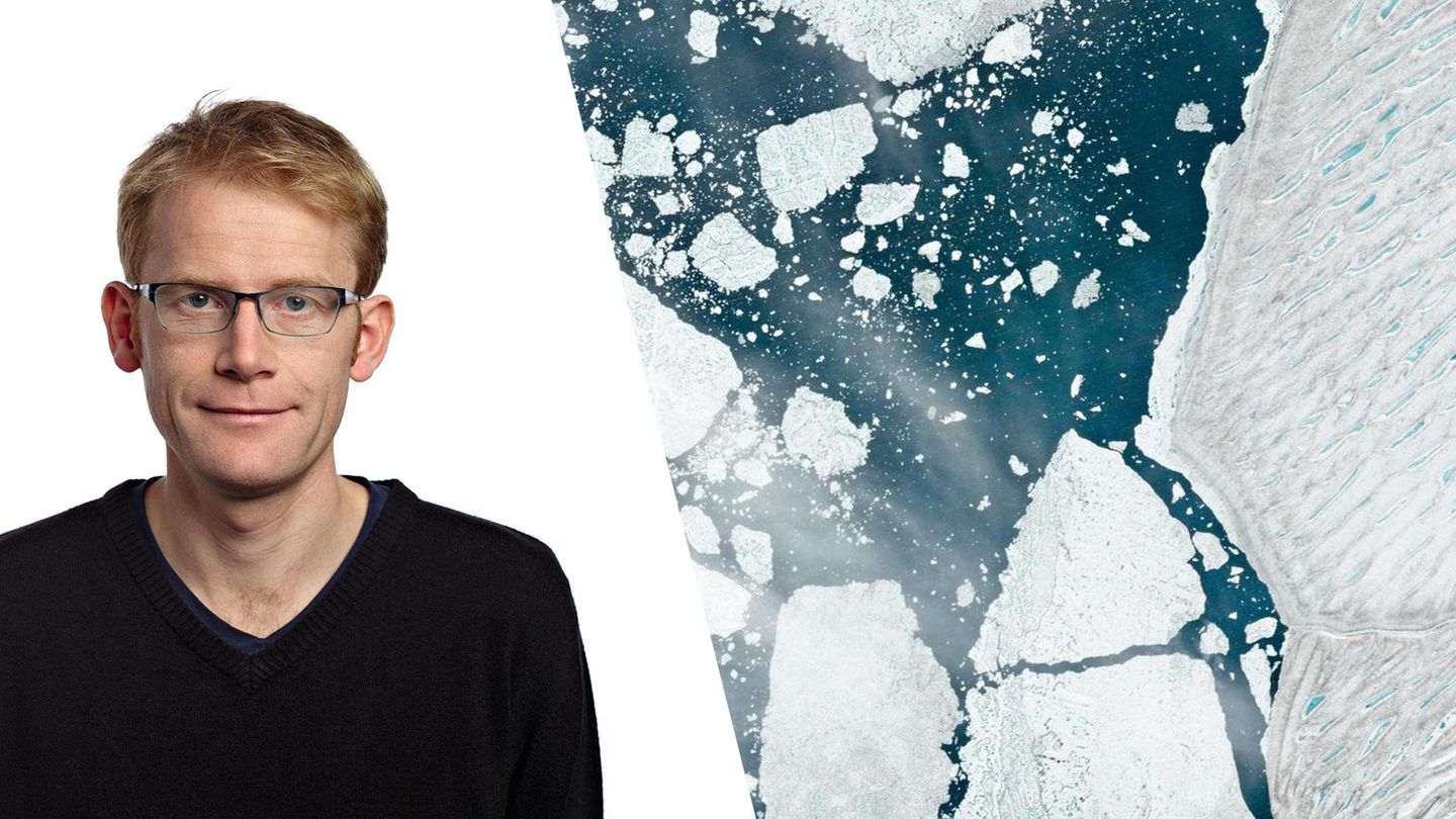 Will Marshall und die Satellitenaufnahme einer gebrochenen Eisscholle Will Marshall und die Satellitenaufnahme einer gebrochenen Eisscholle