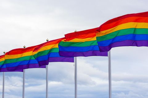 Mehrere Regenbogenfahnen wehen im Wind.