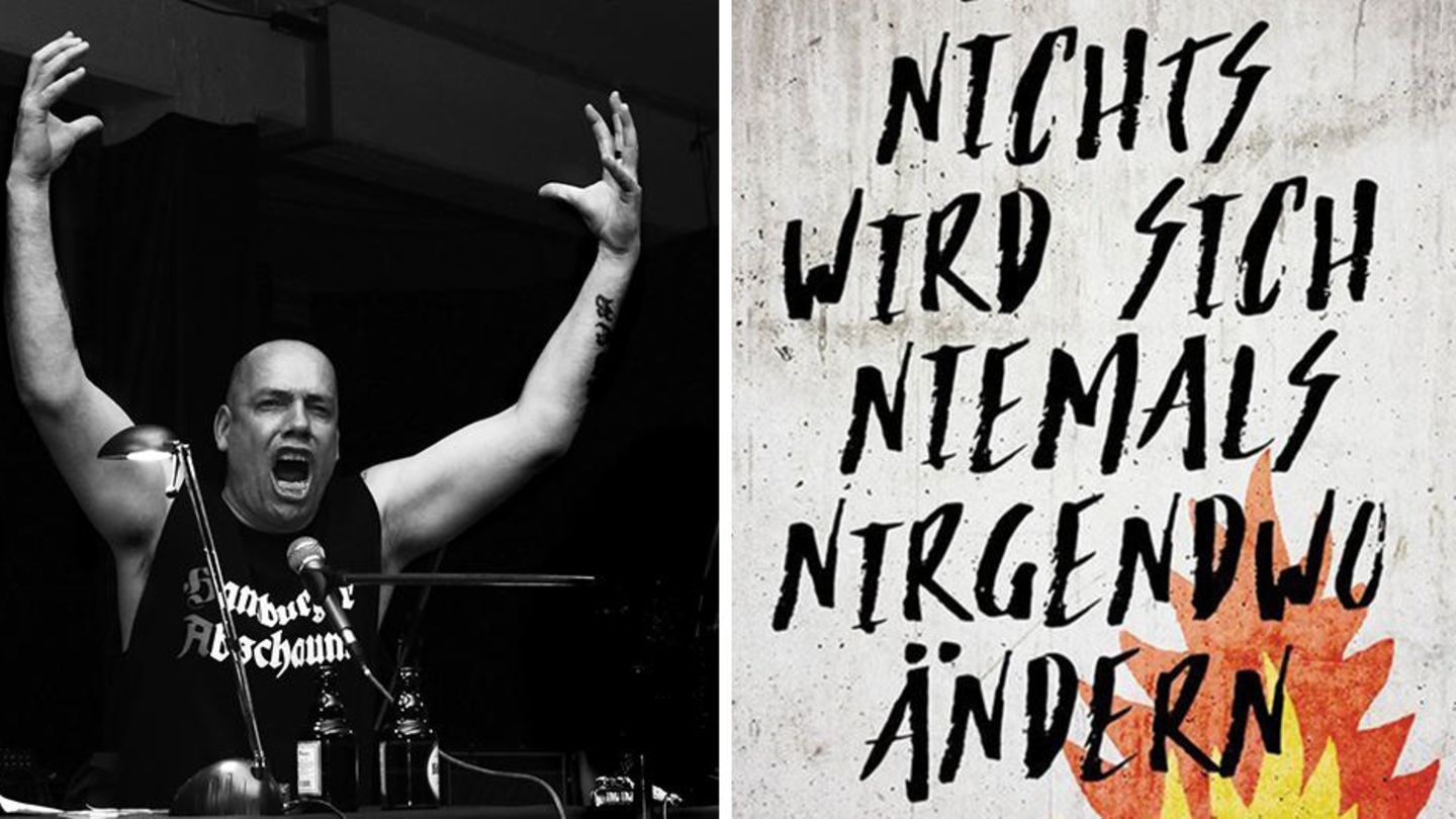 Jan Off mit hochgerissenen Armen in Kombination mit dem Cover seines neuen Romans