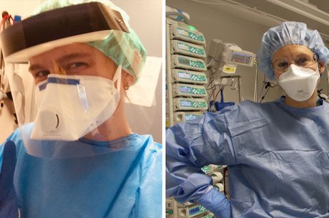 Seit Beginn der Pandemie gehört für sie Schutzkleidung zum Arbeitsalltag: Pflegerin Lilo Barner (L) und Ärztin Dr. Sarah Gschwendtner (R).