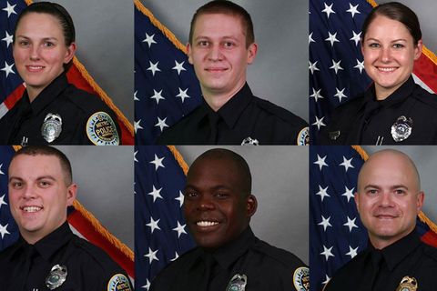 Die Polizisten Amanda Topping, James Luellen, Brenna Hosey, Michael Sipos, James Wells und Timothy Miller (v.l.)